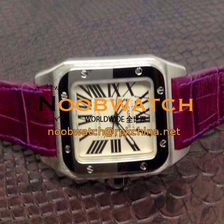 Replica Cartier Santos 100 Midsize Stainless Steel White Dial Purple Leather Strap Swiss 2836-2