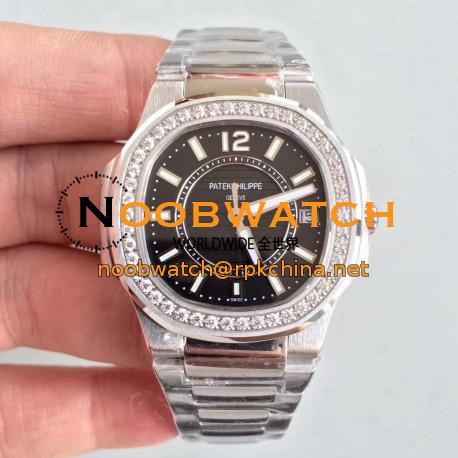 Replica Patek Philippe Nautilus Ladies 7010/1G-010 JJ Stainless Steel & Diamonds Black Dial Swiss Quartz E23-250 S C