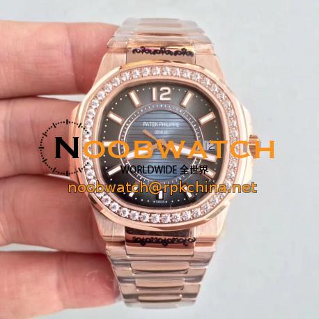 Replica Patek Philippe Nautilus Ladies 7010/1R-010 JJ Rose Gold & Diamonds Blue Dial Swiss Quartz E23-250 S C