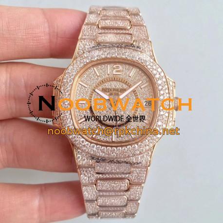 Replica Patek Philippe Nautilus Jumbo Ladies Paved With Diamonds 7021/1R-001 N Rose Gold & Diamonds Diamond Dial M9015