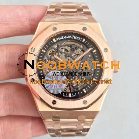 Replica Audemars Piguet Royal Oak Double Balance Wheel Openworked 15407 JF Rose Gold Black Skeleton Dial Swiss 3132