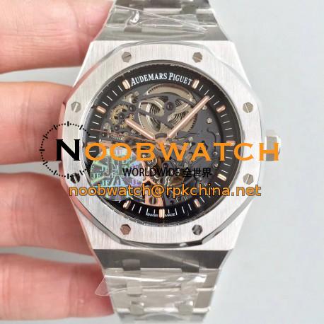 Replica Audemars Piguet Royal Oak Double Balance Wheel Openworked 15407 JF Stainless Steel Black Skeleton Dial Swiss 3132