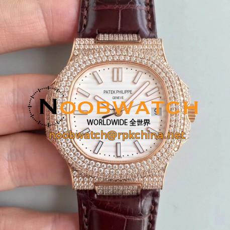 Replica Patek Philippe Nautilus Jumbo 5719/1G-001 2018 N Rose Gold & Diamonds White Dial Swiss 324SC