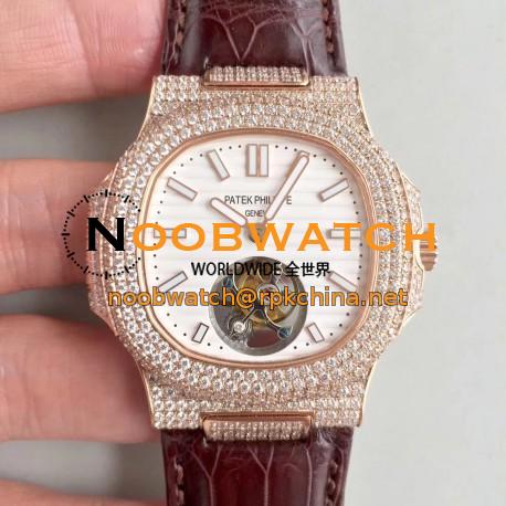 Replica Patek Philippe Nautilus Jumbo 5711 2018 N Rose Gold & Diamonds White Dial Swiss Tourbillon