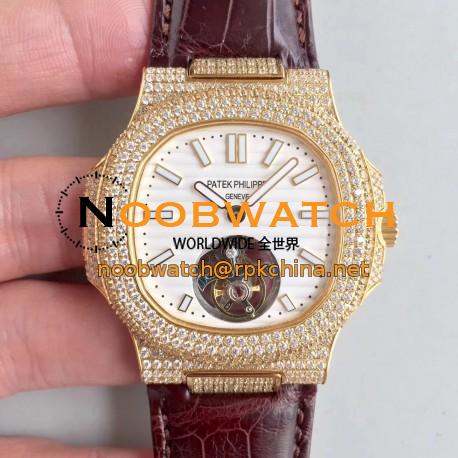 Replica Patek Philippe Nautilus Jumbo 5711 2018 N Yellow Gold & Diamonds White Dial Swiss Tourbillon