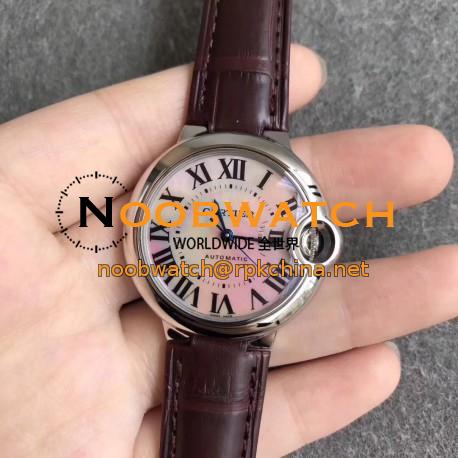 Replica Ballon Bleu De Cartier Ladies 33MM WSBB0002 CR Stainless Steel Pink Mother Of Pearl Dial Swiss Calibre 076