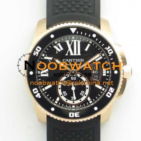 Replica Calibre De Cartier Diver W7100052 42MM JF Rose Gold Black Dial A23J