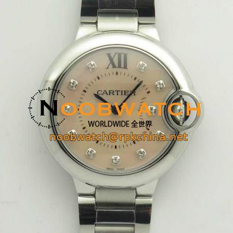 Replica Ballon Bleu De Cartier Ladies 33MM  W6920100 V6 Stainless Steel Pink Mother Of Pearl Dial Swiss Ronda Quartz