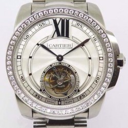 Replica Calibre De Cartier Tourbillon Stainless Steel & Diamonds White Dial Swiss Tourbillon