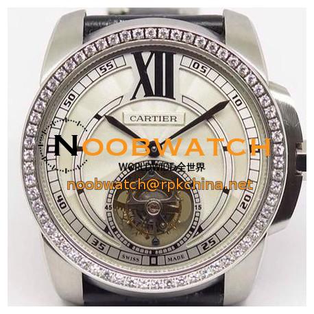 Replica Calibre De Cartier Tourbillon Stainless Steel & Diamonds White Dial Swiss Tourbillon