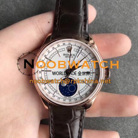 Replica Rolex Cellini Moonphase 50535 RXW Rose Gold White Dial Swiss 2824