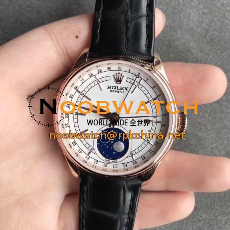 Replica Rolex Cellini Moonphase 50535 RXW Rose Gold White Dial Swiss 2824