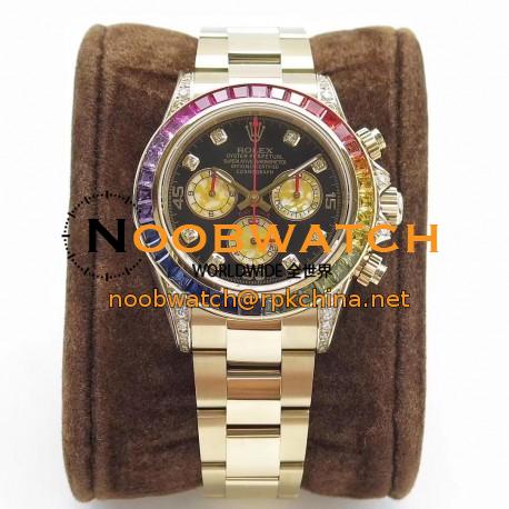 Replica Rolex Daytona Cosmograph Rainbow 116589RBOW BL Yellow Gold & Diamonds Black Dial Swiss 4130 Run 6@SEC