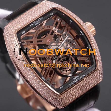 Replica Franck Muller Vanguard Skeleton V 45 T SQT Noob Rose Gold & Diamonds Rose Gold Skeleton Dial M9015