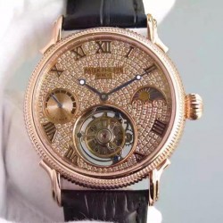 Replica Patek Philippe Tourbillon Moonphase Power Reserve Rose Gold Diamonds Dial Swiss Tourbillon