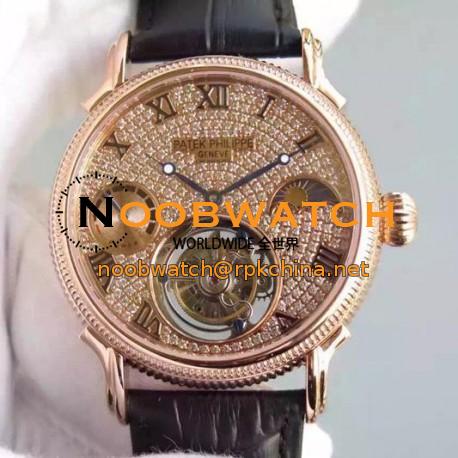 Replica Patek Philippe Tourbillon Moonphase Power Reserve Rose Gold Diamonds Dial Swiss Tourbillon