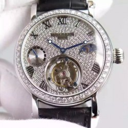 Replica Patek Philippe Tourbillon Moonphase Power Reserve Stainless Steel Diamonds Bezel Swiss Tourbillon