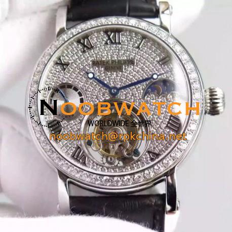 Replica Patek Philippe Tourbillon Moonphase Power Reserve Stainless Steel Diamonds Bezel Swiss Tourbillon