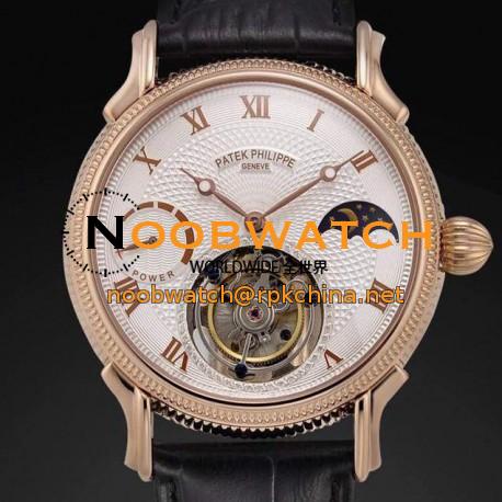 Replica Patek Philippe Tourbillon Moonphase Power Reserve Rose Gold White Dial Swiss Tourbillon