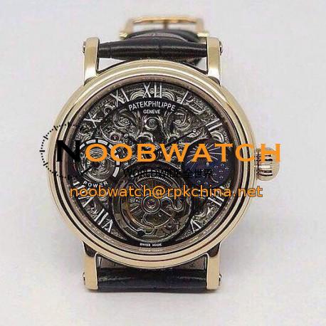 Replica Patek Philippe Tourbillon Moonphase Power Reserve Rose Gold Skeleton & Black Dial Swiss Tourbillon