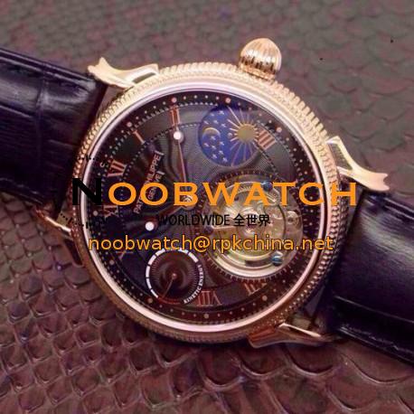 Replica Patek Philippe Tourbillon Moonphase Power Reserve Rose Gold Black Dial Swiss Tourbillon