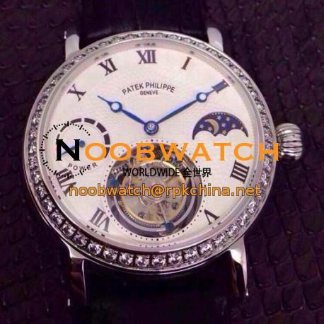 Replica Patek Philippe Tourbillon Moonphase Power Reserve Stainless Steel Diamonds Bezel Swiss Tourbillon