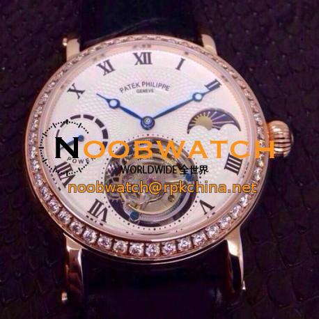 Replica Patek Philippe Tourbillon Moonphase Power Reserve Rose Gold Diamonds Bezel Swiss Tourbillon