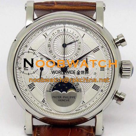 Replica Patek Philippe Moonphase Chronograph Stainless Steel White Dial Lemania