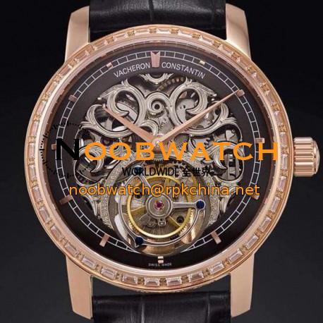 Replica Vacheron Constantin Patrimony Tourbillon Rose Gold & Diamonds Skeleton & Black Dial Swiss Tourbillon