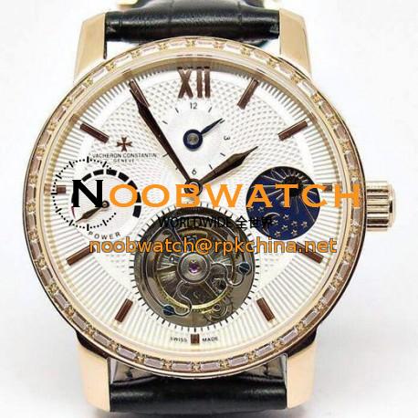 Replica Vacheron Constantin Patrimony Tourbillon Rose Gold & Diamonds White Dial Swiss Tourbillon