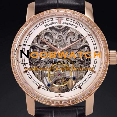 Replica Vacheron Constantin Patrimony Tourbillon Rose Gold & Diamonds Skeleton & White Dial Swiss Tourbillon