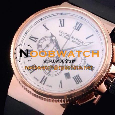 Replica Ulysse Nardin Marine Chronograph Rose Gold Roman Numbers White Dial Swiss 7750