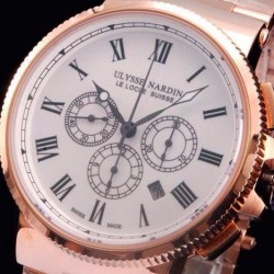 Replica Ulysse Nardin Marine Chronograph Rose Gold Roman Numbers White Dial Swiss 7750