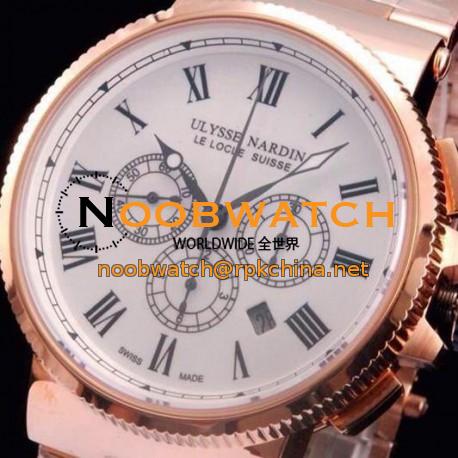 Replica Ulysse Nardin Marine Chronograph Rose Gold Roman Numbers White Dial Swiss 7750