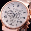 Replica Ulysse Nardin Marine Chronograph Rose Gold Roman Numbers White Dial Swiss 7750