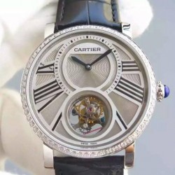 Replica Cartier Rotonde Tourbillon Stainless Steel & Diamonds White Dial Swiss Tourbillon