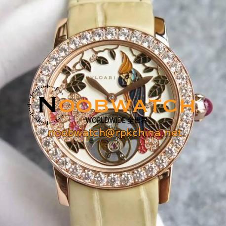 Replica Bvlgari Il Giardino Tropicale Rose Gold & Diamonds Parrot Dial Cream Leather Strap Swiss Tourbillon