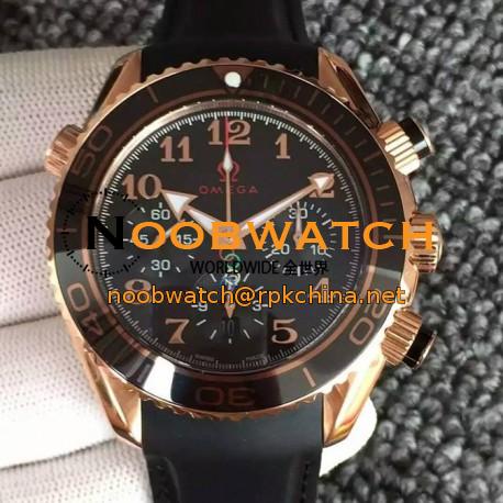 Replica Omega Seamaster Planet Ocean Chronograph Olympics Rose Gold Black Dial Black Rubber Strap Swiss 7750