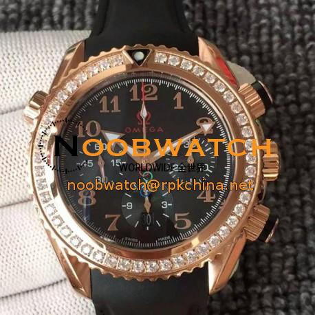 Replica Omega Seamaster Planet Ocean Chronograph Olympics Rose Gold & Diamonds Black Dial Swiss 7750