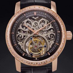 Replica Vacheron Constantin Patrimony Tourbillon 24K Rose Gold Plated & Diamonds Skeleton & Black Dial Swiss Tourbillon