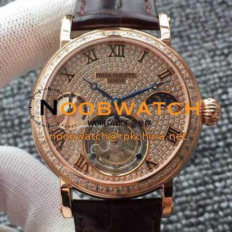 Replica Patek Philippe Tourbillon Moonphase Power Reserve Rose Gold Diamonds Dial Swiss Tourbillon