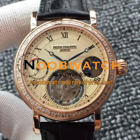 Replica Patek Philippe Tourbillon Moonphase Power Reserve Rose Gold & Diamonds Gold Dial Swiss Tourbillon