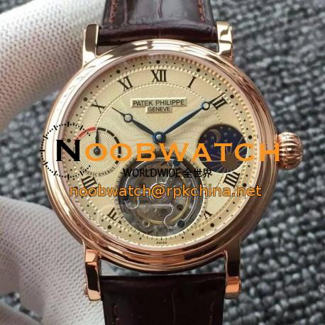 Replica Patek Philippe Tourbillon Moonphase Power Reserve Rose Gold Gold Dial Swiss Tourbillon