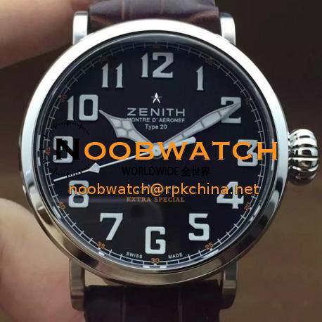 Replica Zenith Pilot Extra Special SS/LE Black Dial on Brown Leather Strap