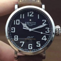 Replica Zenith Pilot Extra Special SS/LE Black Dial on Leather Strap