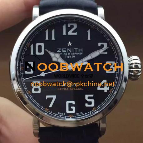 Replica Zenith Pilot Extra Special SS/LE Black Dial on Black Leather Strap