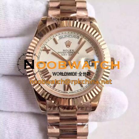 Replica Rolex Day-Date 40 228235 40MM KW Rose Gold Silver Quadrant Dial Swiss 3255