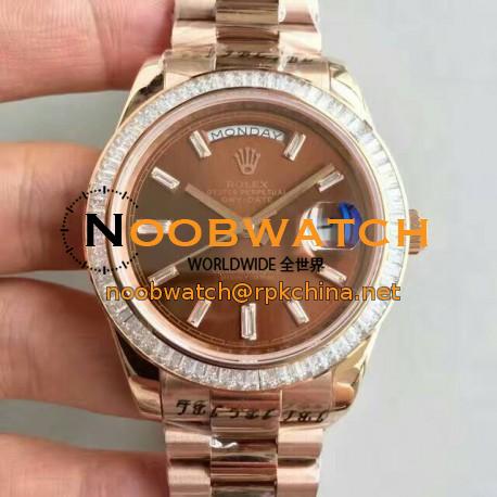 Replica Rolex Day-Date 40 228235 40MM KW Rose Gold & Diamonds Chocolate Dial Swiss 3255