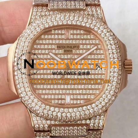 Replica Patek Philippe Nautilus Jumbo 5719/1G-001 DM Rose Gold & Diamonds Diamonds Dial Swiss 324SC