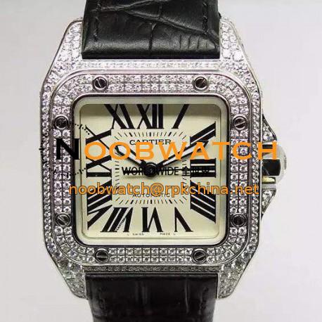 Replica Cartier Santos 100 39MM Stainless Steel & Diamonds Swiss 2836-2